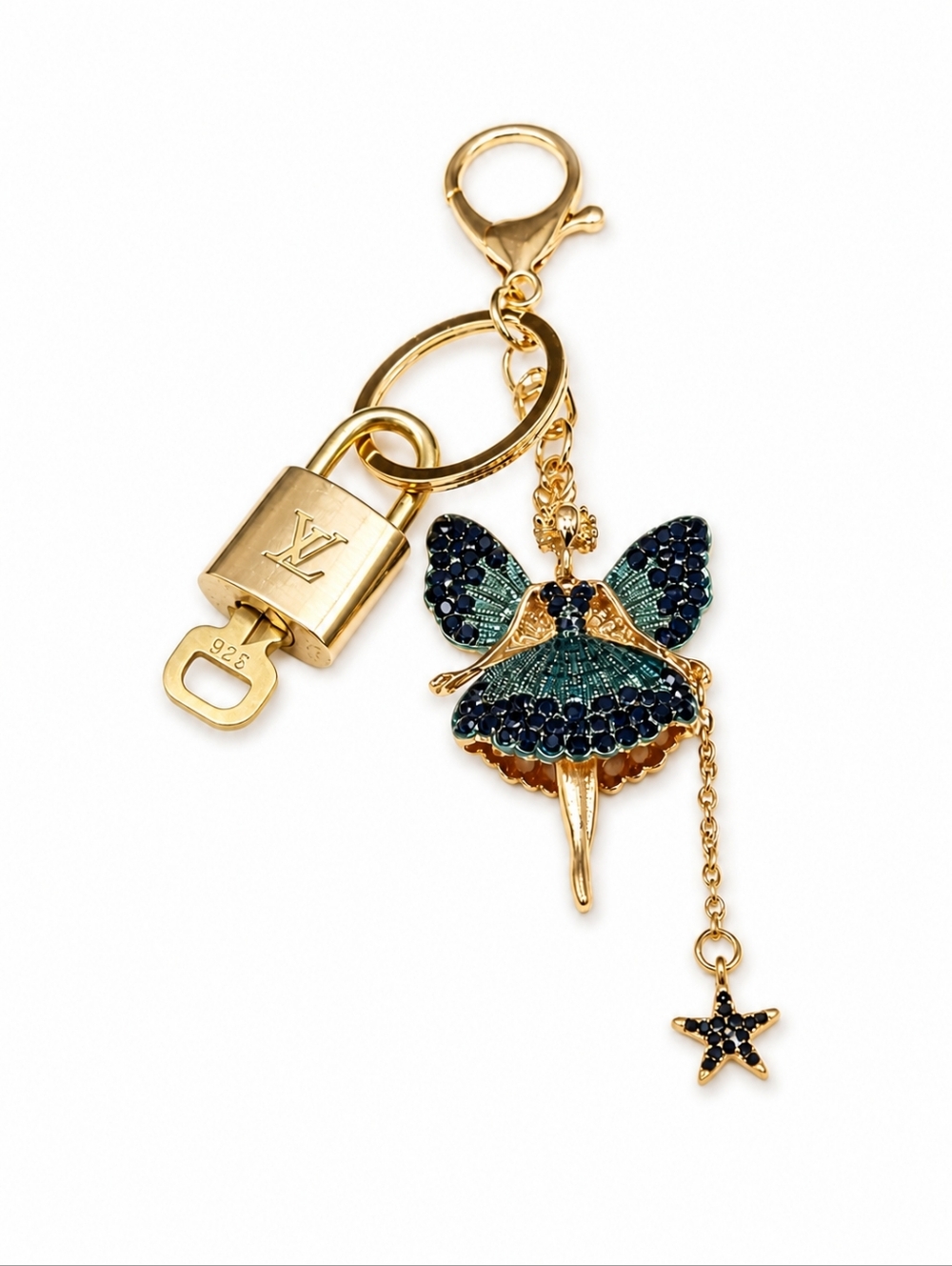LV Authentic Gold Lock & Key 🔑 Luxury Bag Charm w/ Unbranded Fairy Keychain - Picture 2 of 10